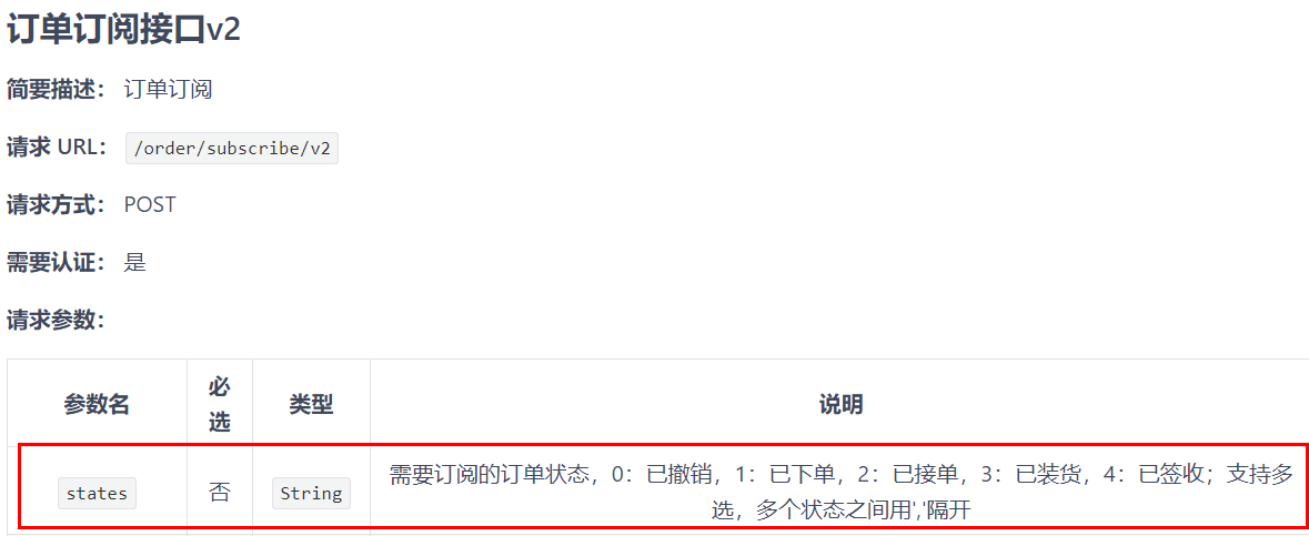订单订阅接口状态